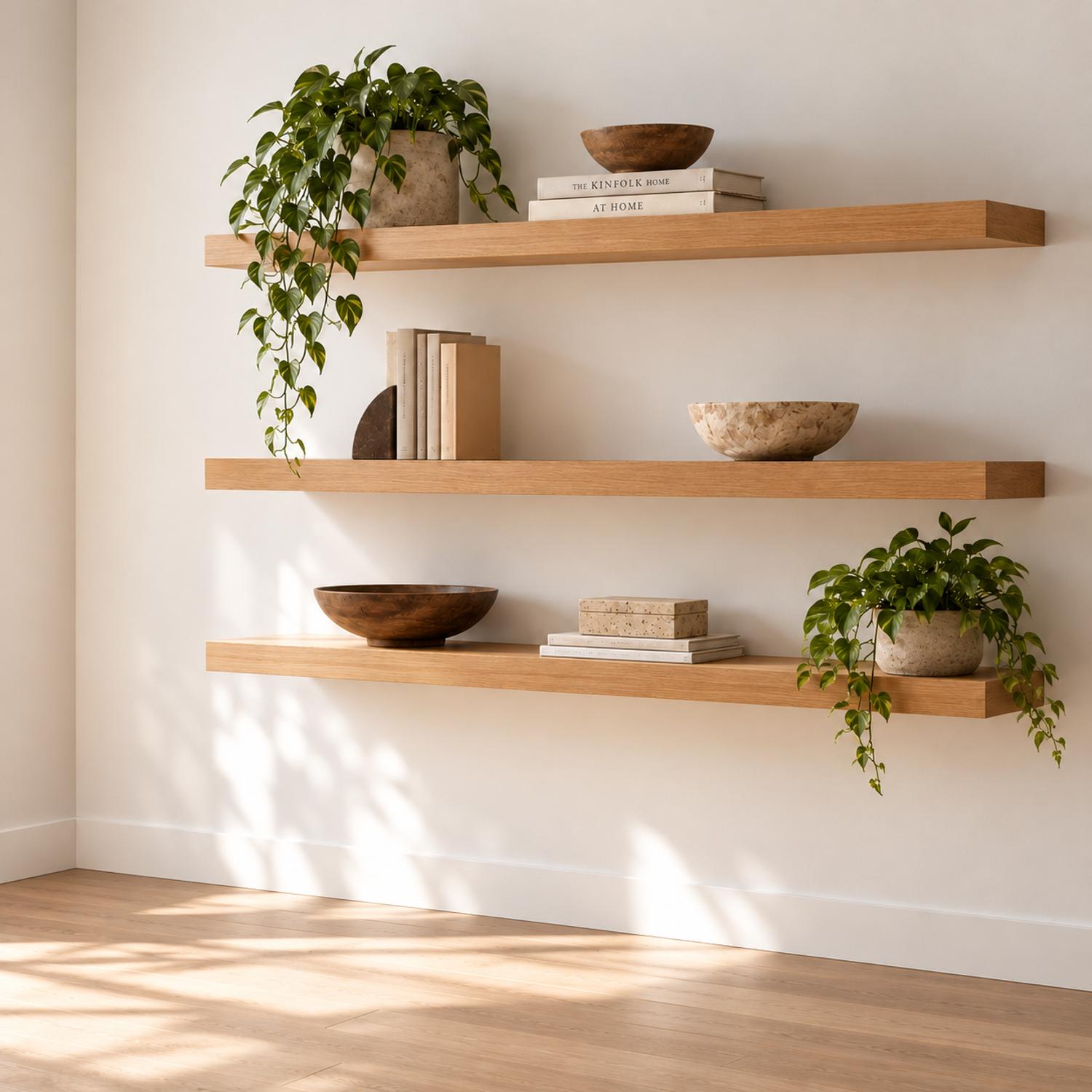 Drie zwevende eiken wandplanken met planten, boeken en schalen in een licht interieur