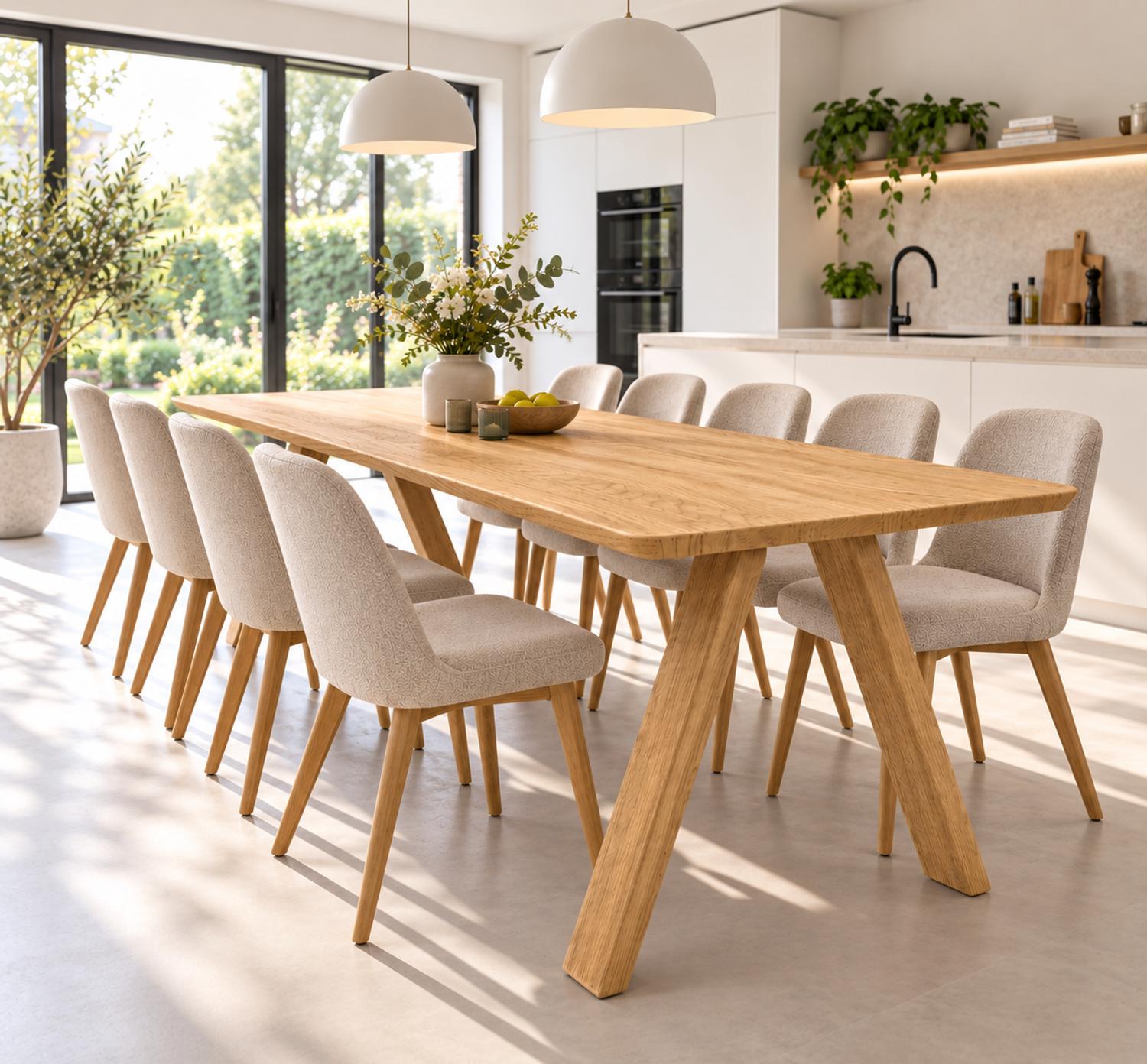 {"nl-NL":"Massief houten eettafel met schuine houten tafelpoten en beige stoelen in een lichte keuken"}