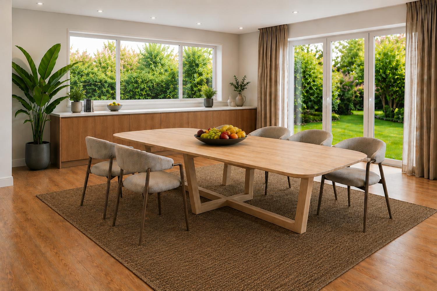 {"nl-NL":"Massief houten eettafel met houten kruispoten en zes stoelen in een lichte, moderne eetkamer"}