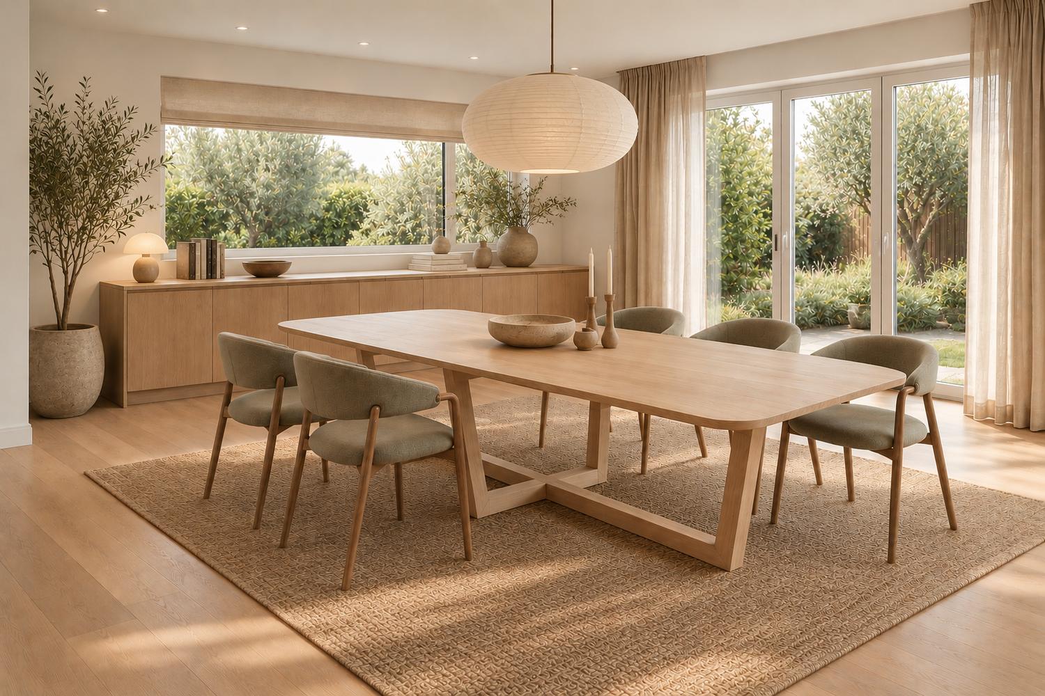 Lichte eetkamer met massief eiken tafel, zes stoelen en hanglamp in Scandinavisch interieur
