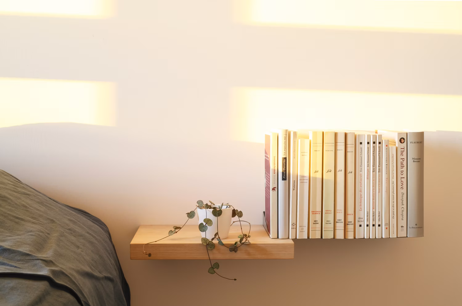 {"nl-NL":"Houten wandplank naast het bed met boeken en een kleine hangplant in warm zonlicht"}
