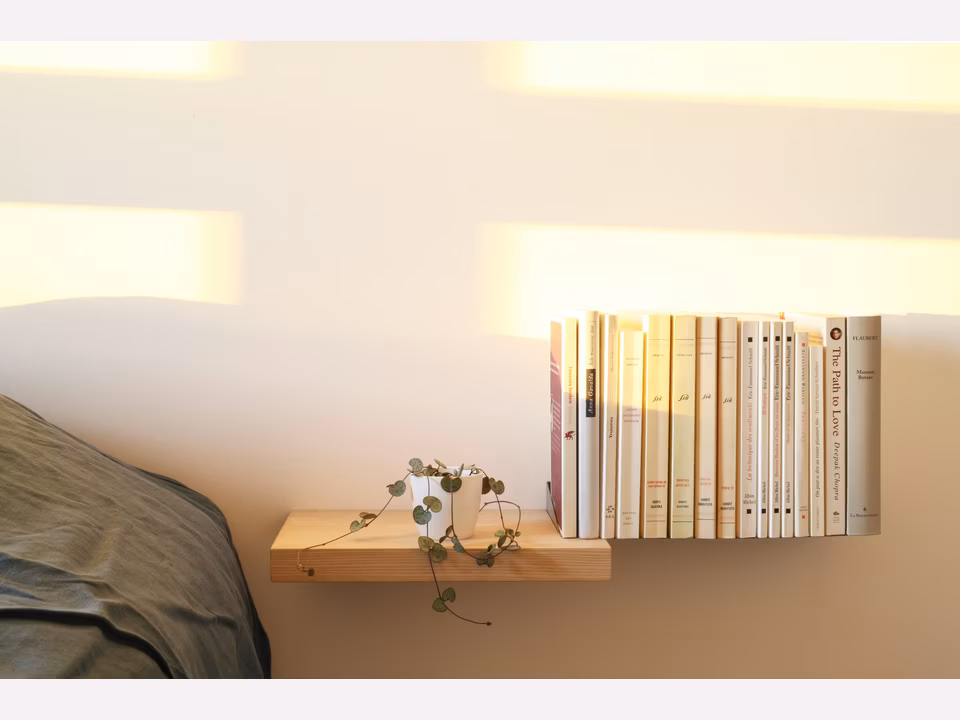 {"nl-NL":"Houten wandplank naast het bed met boeken en een kleine hangplant in warm zonlicht"}