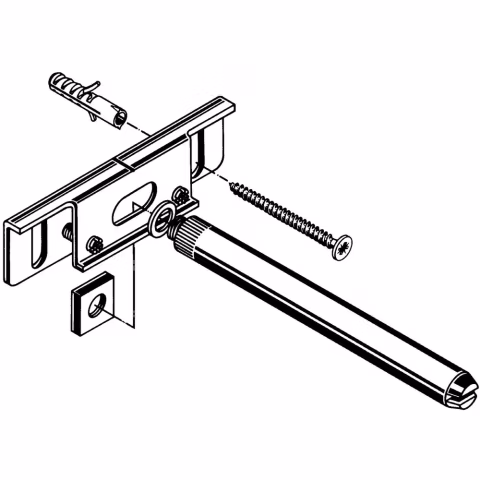 Montagetekening van blinde wandplankdrager met muurplaat, schroef en plug voor een houten wandplank