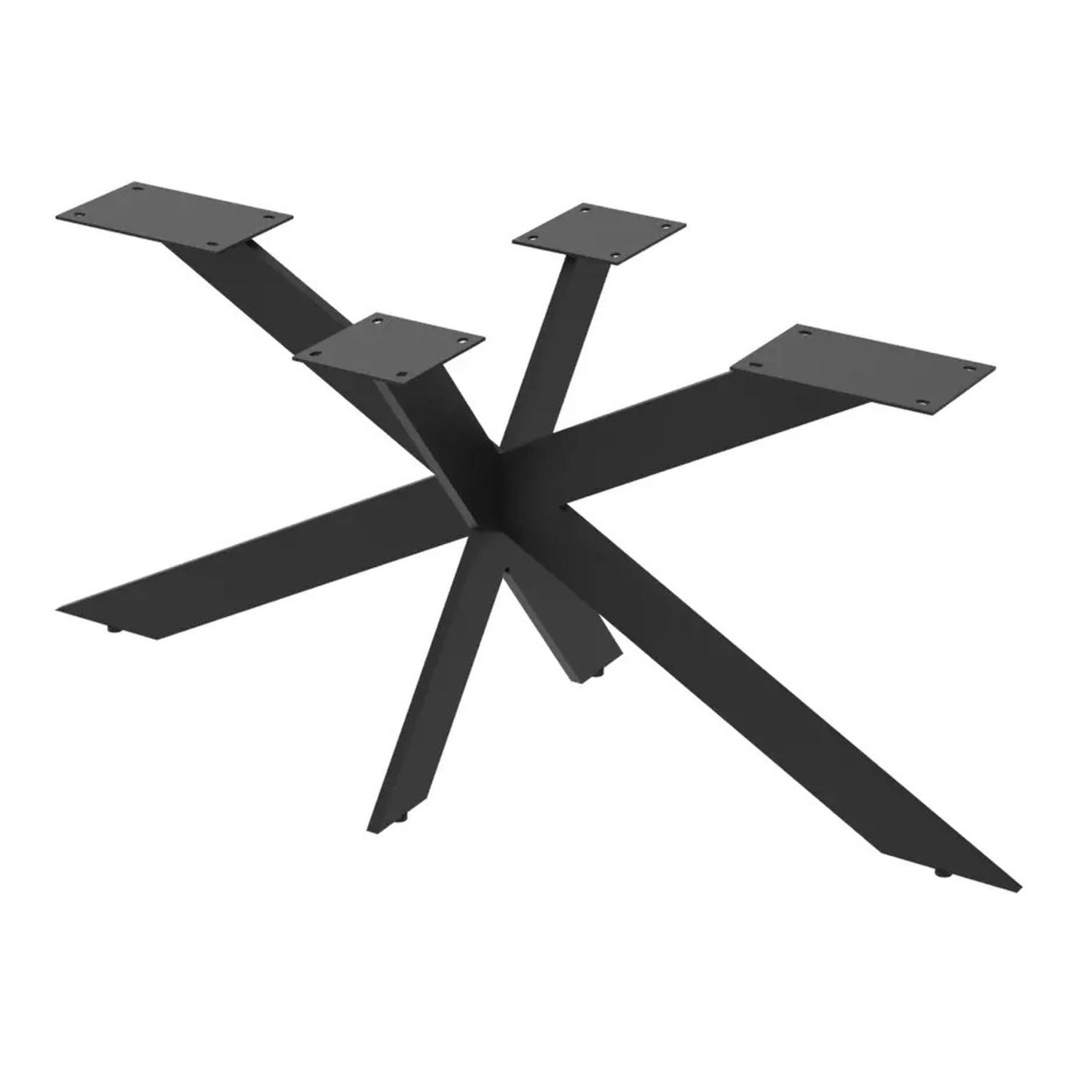 Zwart metalen spinonderstel voor een tafel, met gekruiste poten en vier montageplaten
