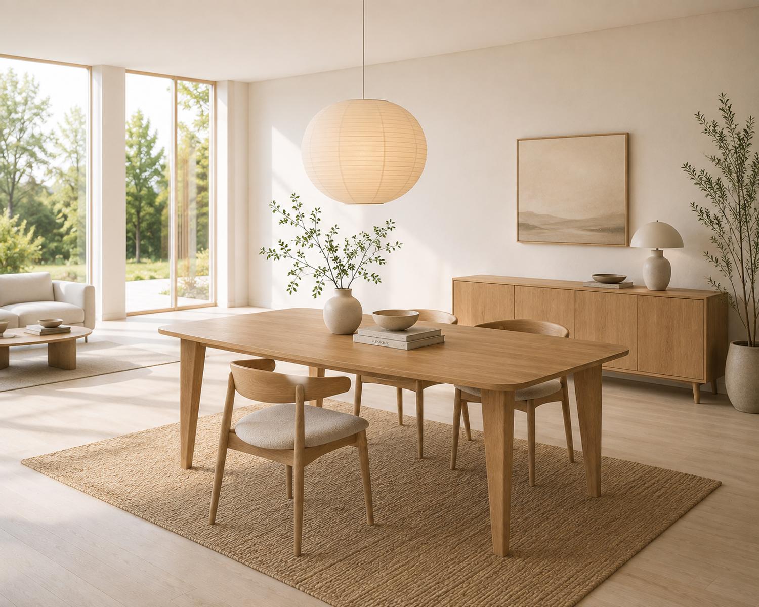 {"nl-NL":"Massief houten eettafel met taps toelopende houten tafelpoten in een licht Scandinavisch interieur"}