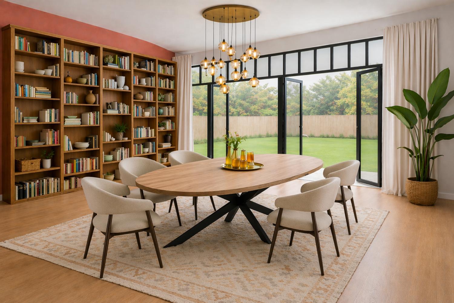 Ovale massief houten eettafel met zwart onderstel, omringd door stoelen en een grote boekenkast
