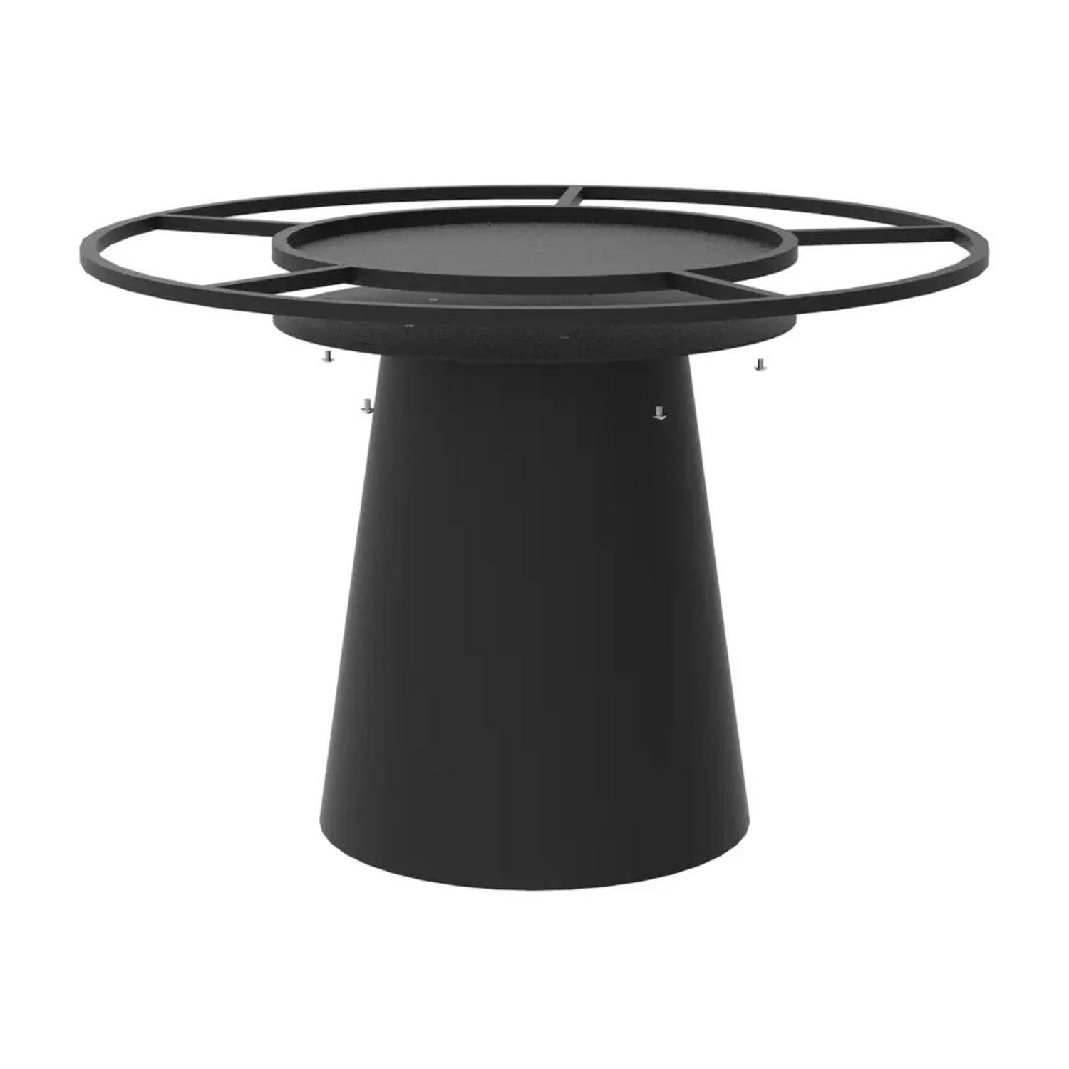 Zwart metalen trompetonderstel met rond frame voor een massief houten tafelblad