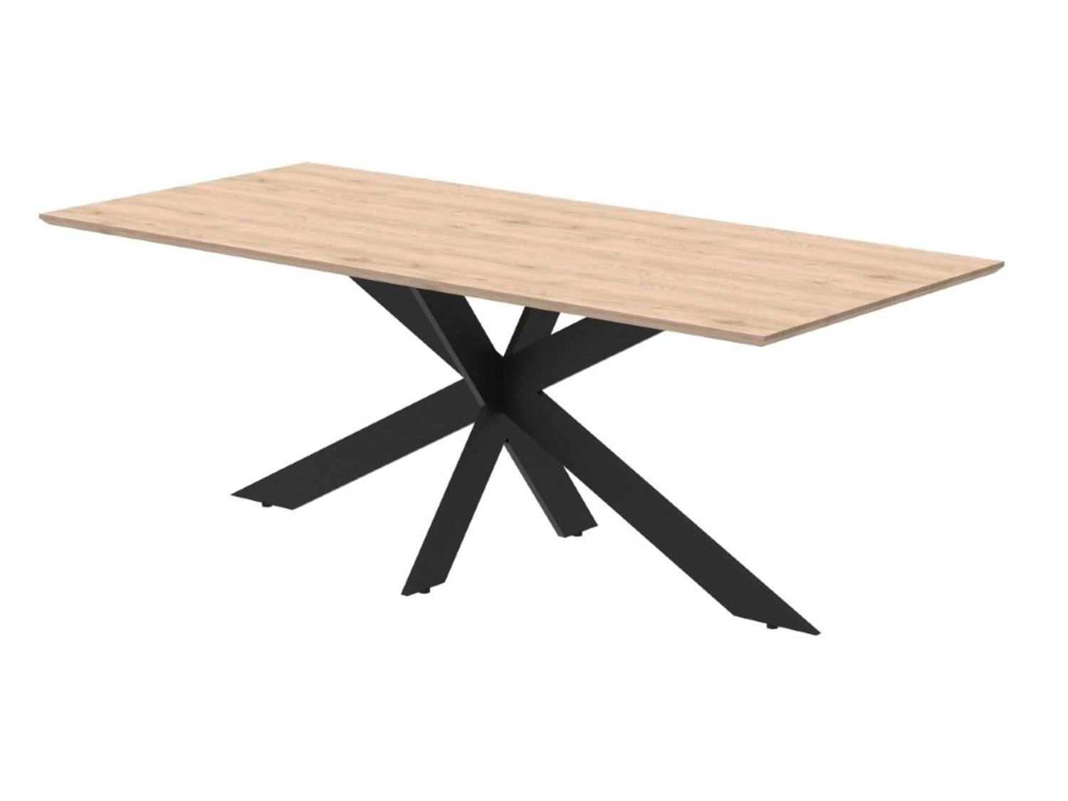 Massief eiken tafelblad met zwart metalen spinonderstel voor een moderne eettafel