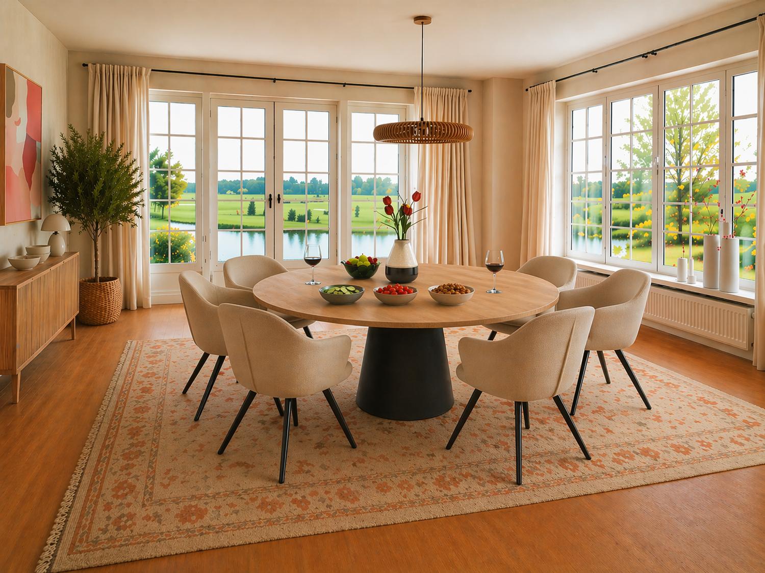Ovale massief houten eettafel met beige stoelen in een lichte eetkamer met grote ramen