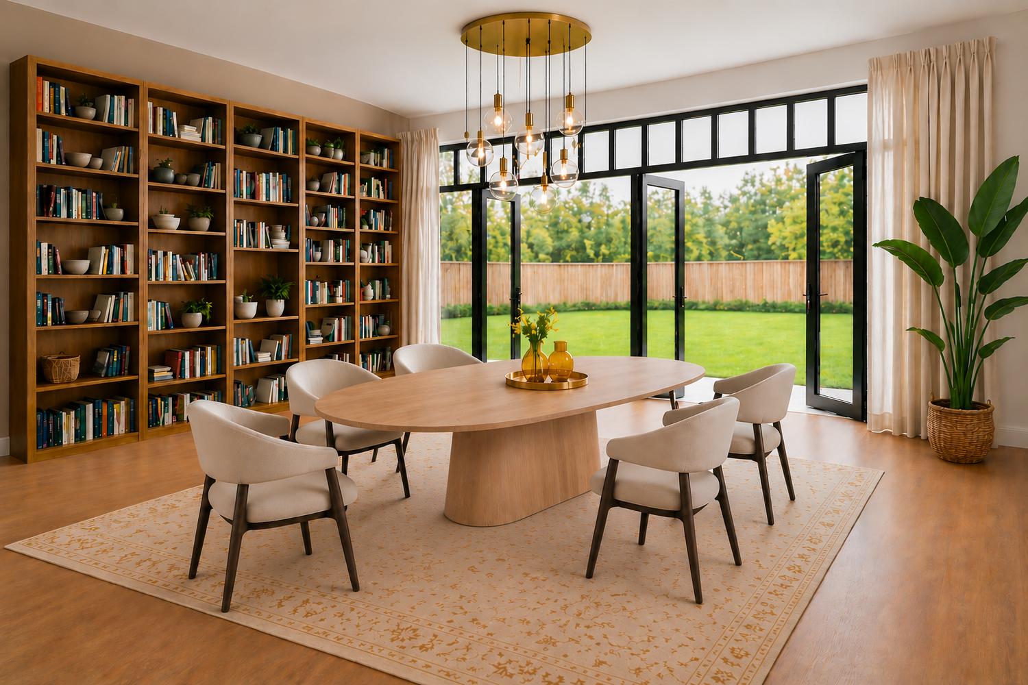 {"nl-NL":"Ovale massief houten eettafel met centrale houten poot in lichte eetkamer met boekenkast"}
