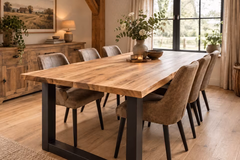 Massief acacia tafelblad met zwart metalen onderstel en zes stoelen in een warme eetkamer