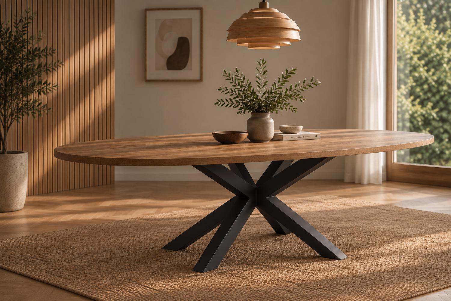 Ovale massief houten eettafel met zwart metalen onderstel in een Scandinavisch interieur