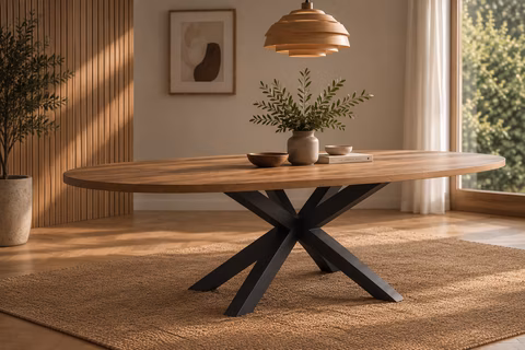 Ovale massief houten eettafel met zwart metalen onderstel in een Scandinavisch interieur