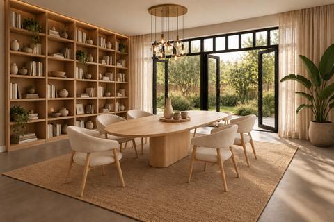 Lichte eetkamer met ovale massief houten tafel, zes stoelen en houten wandkast bij openslaande tuindeuren