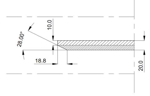 Technische doorsnedetekening van een massief houten paneel met schuine rand van 28° en maatvoering