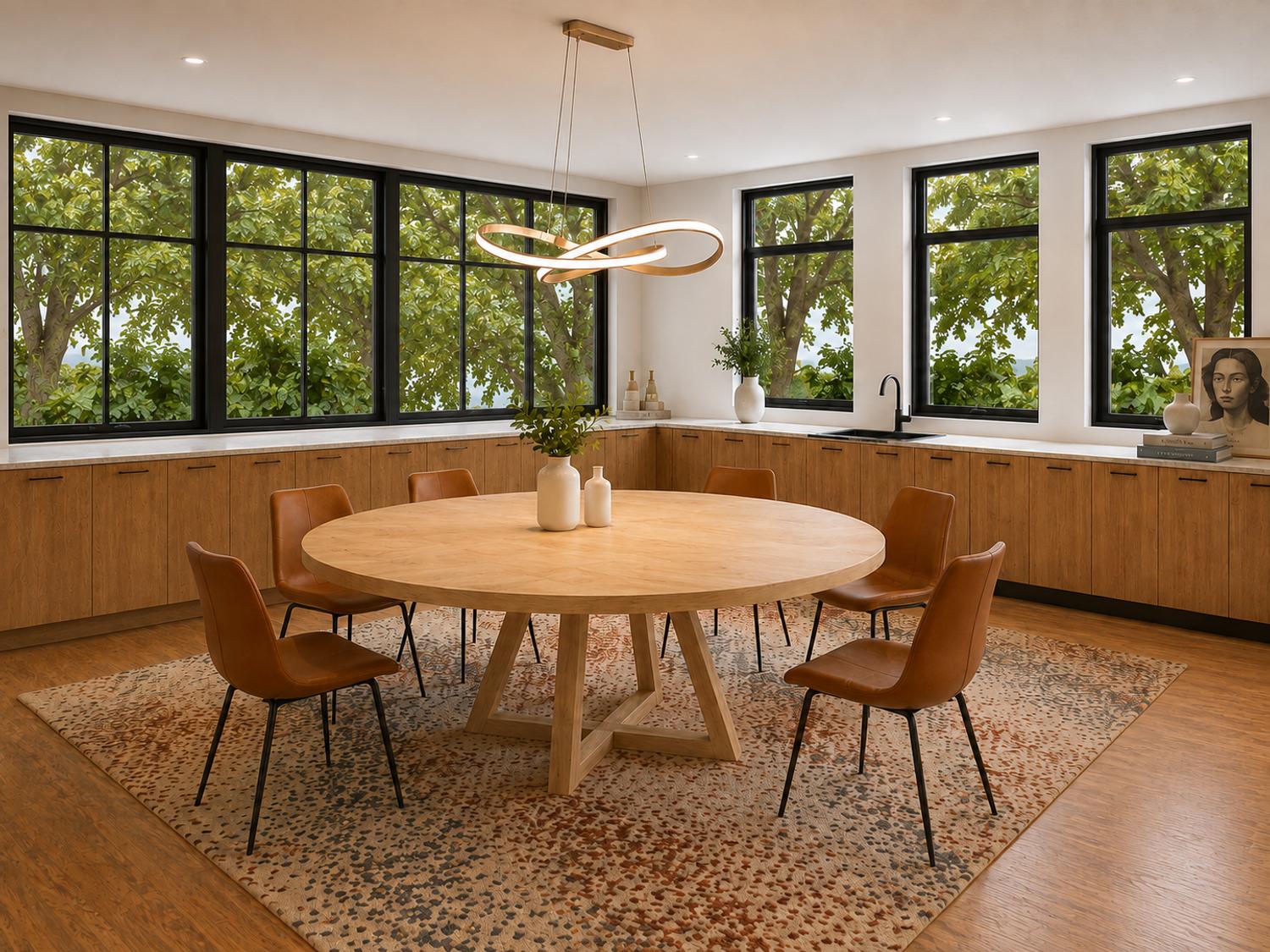 {"nl-NL":"Ronde massief houten tafel met houten tafelpoten en bruine stoelen in een licht modern interieur"}