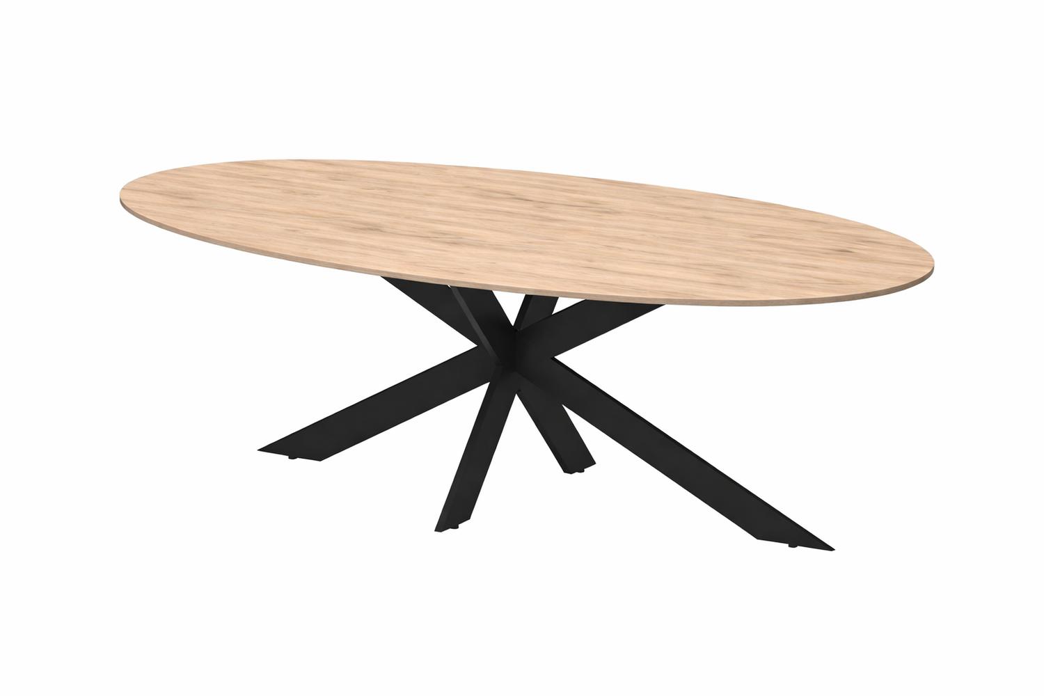 Ovale eiken tafel met massief houten tafelblad en zwart metalen spinonderstel